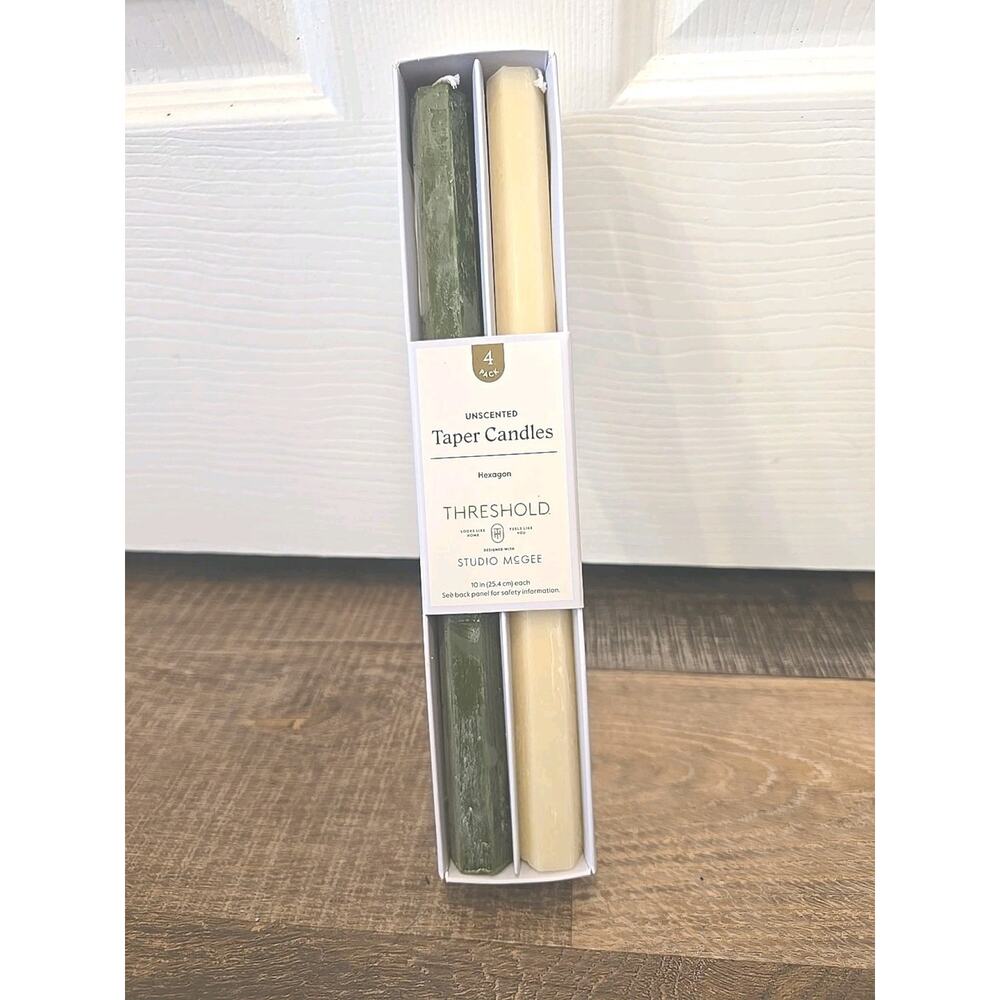 13097 Studio McGee Unscented Taper Candles 10 in Hexagon -4 Pk Green White